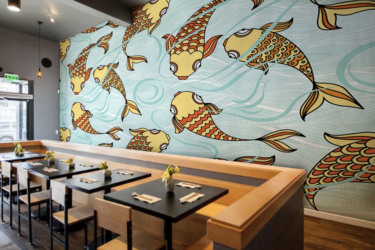 Intérieur de restaurant avec papier peint mural carp et motif de poissons