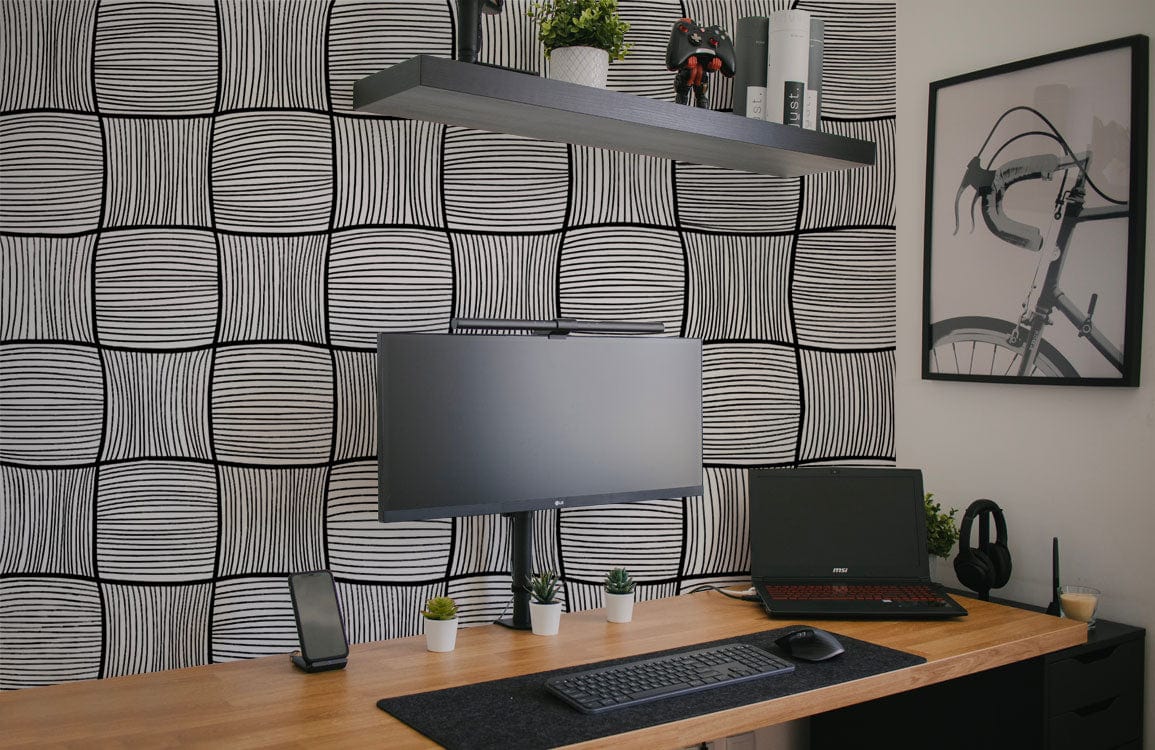 Décor moderne avec un bureau et un mural carrés Papier Peint Mural Éblouissants