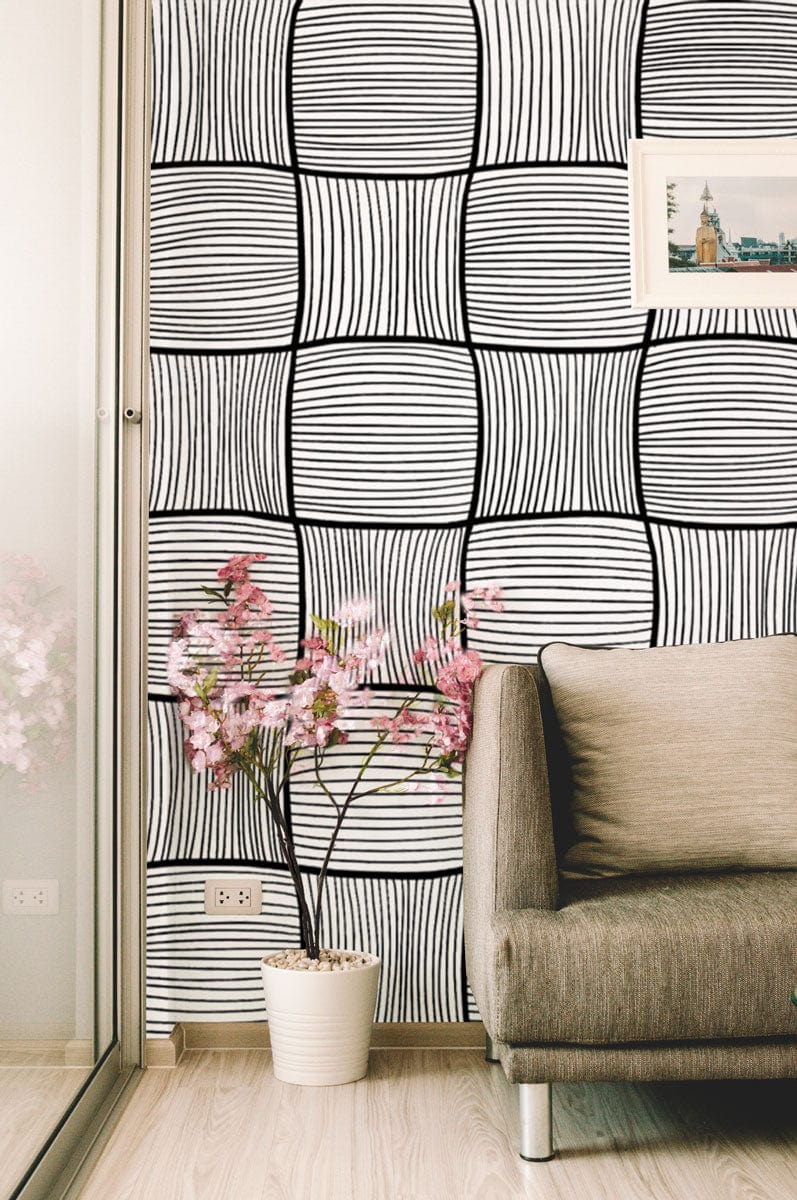 Papier peint mural carré en noir et blanc avec motifs ondulés pour décoration murale