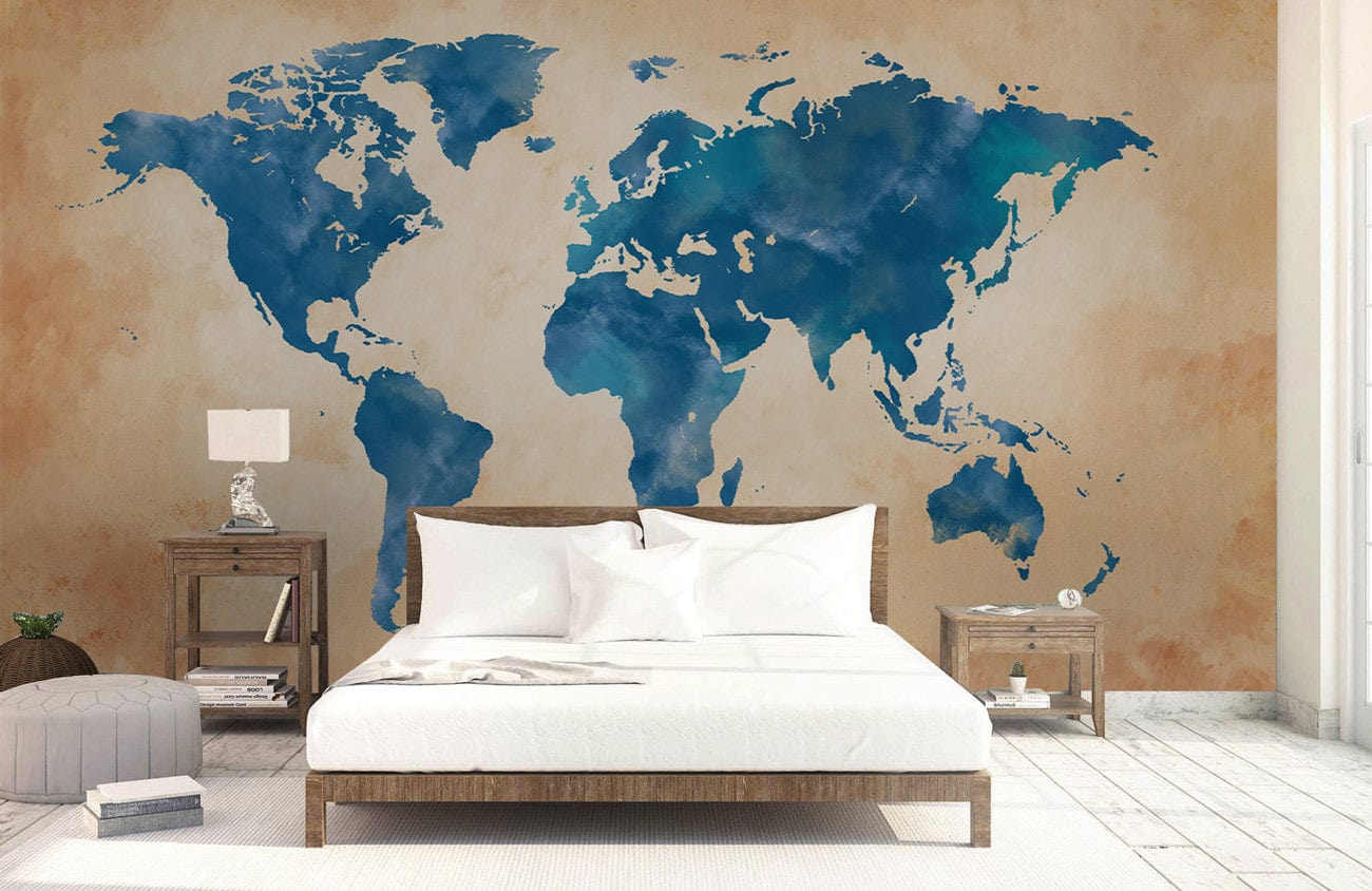 Papier Peint Mural Carte du Monde Aquarelle Bleu Vintage - Le meilleur Papier peint panoramique Sur mesure