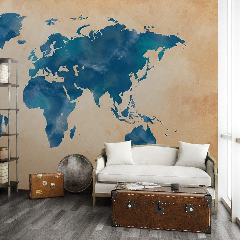 Papier Peint Mural Carte du Monde Aquarelle Bleu Vintage - Le meilleur Papier peint panoramique Sur mesure