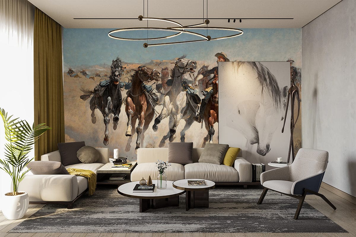 Peint mural Cavaliers et chevaux de la troupe dans un salon moderne avec mobilier neutre