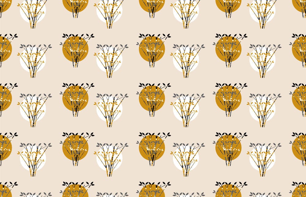 Papier peint mural cercles avec motifs de feuilles de bambou et cercles dorés