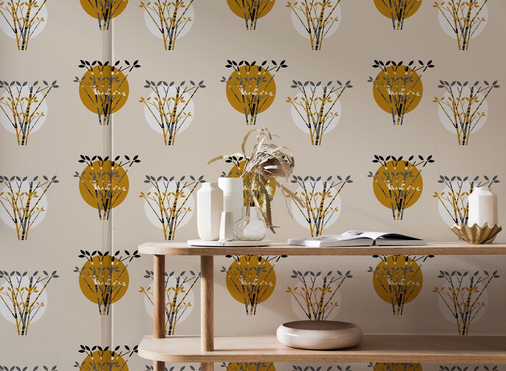 Papier peint mural cercles avec motifs de cercles jaunes et branches stylisées