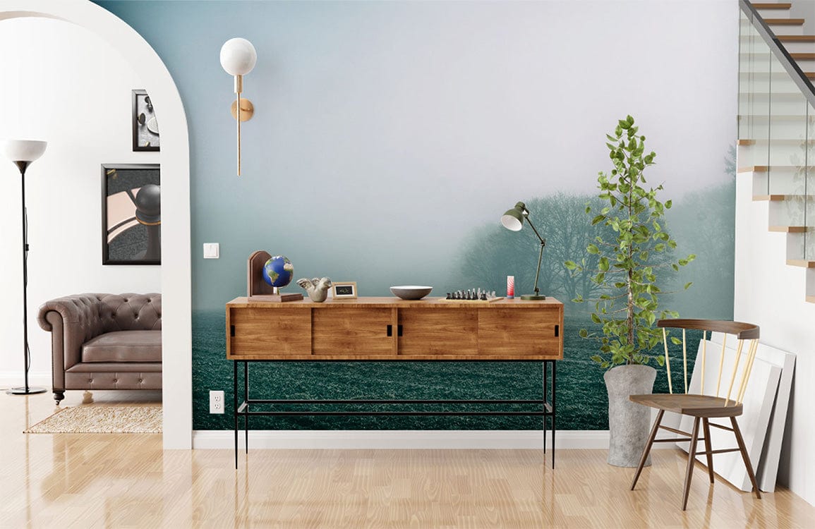 Console en bois avec portes coulissantes sur cadre métal pour papier peint mural brouillard épais