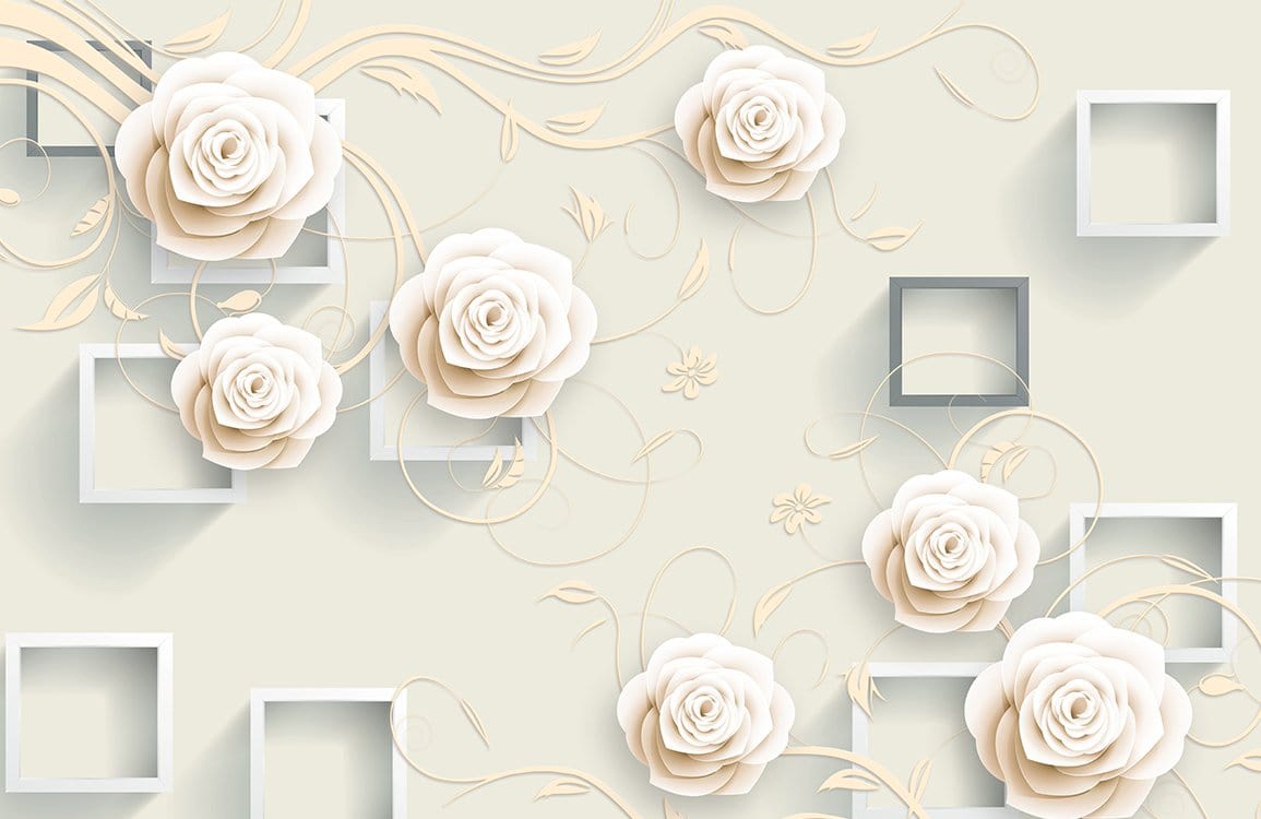 Papier peint mural Champagne Rosé avec roses blanches et carrés abstraits