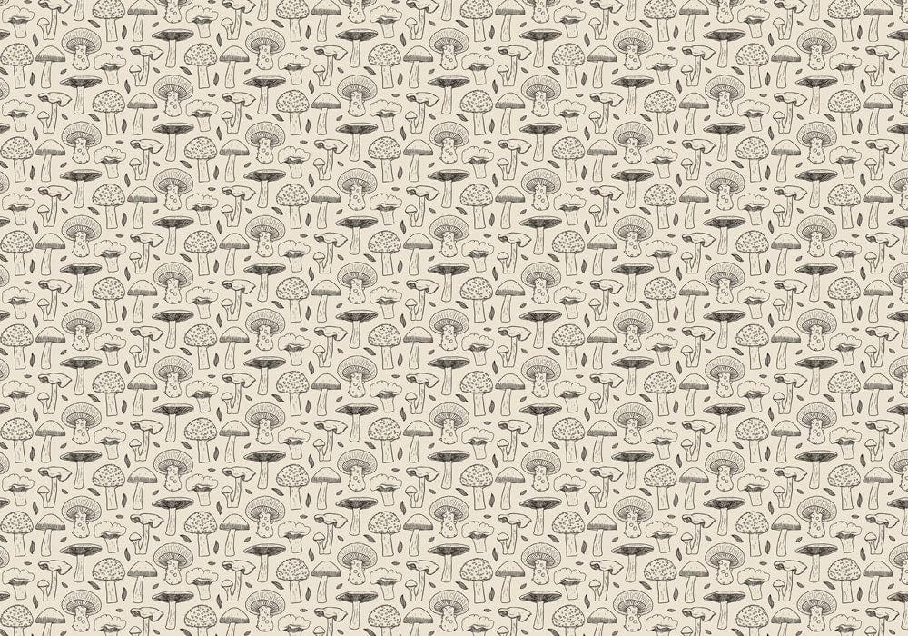 Motif seamless de champignons dessinés à la main et feuilles dispersées sur un papier peint mural champignons