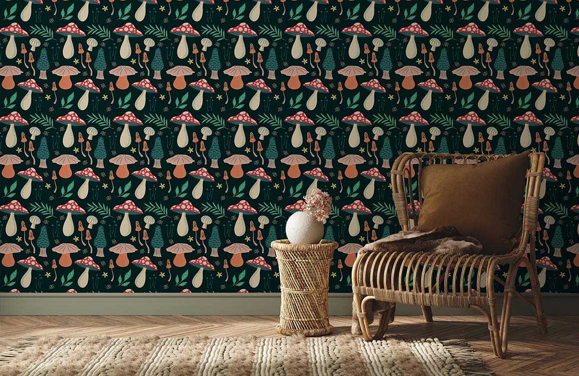 Papier peint mural champignons Jasper avec motif champignons et feuillage vert foncé