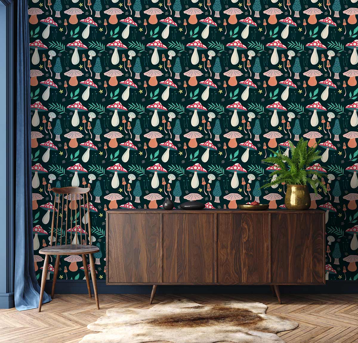 Papier peint mural champignons Jasper avec motif de champignons colorés et feuillage