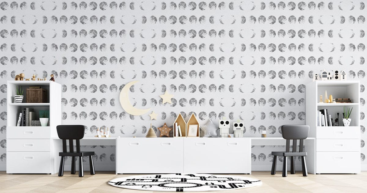 Papier peint mural changments de lune pour chambre d’enfants avec deux zones d’étude