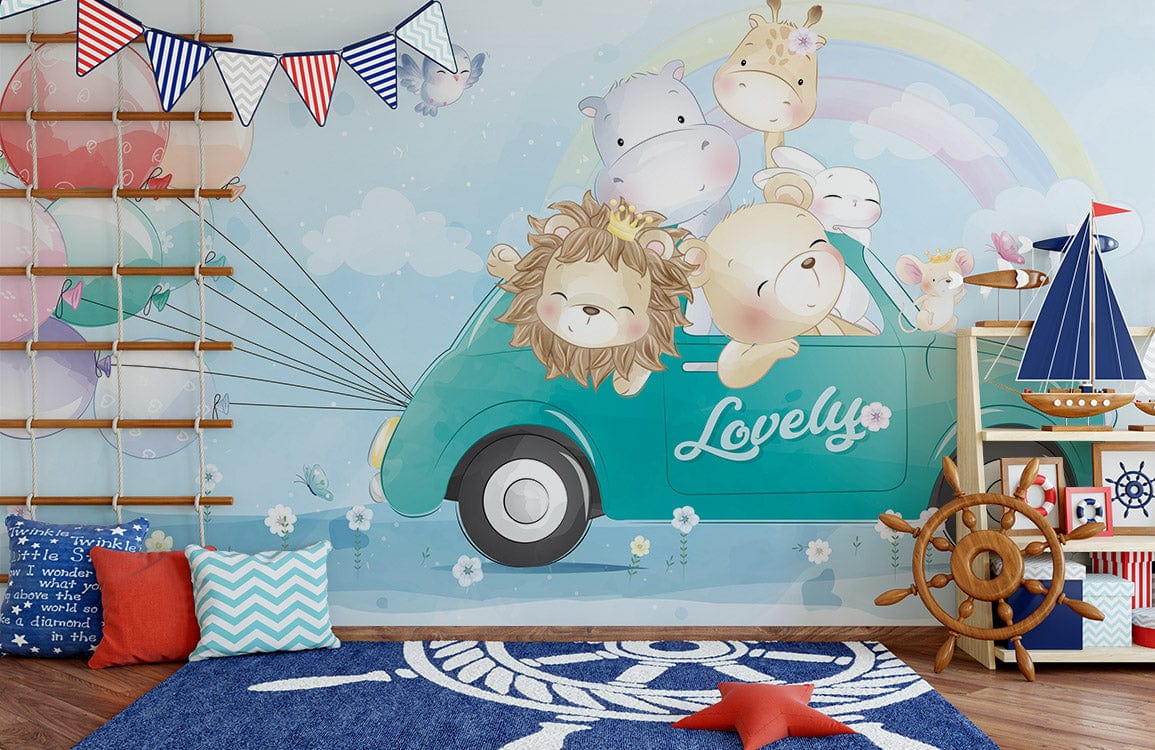 Papier peint mural charmant: voitures et animaux - Le meilleur Papier peint panoramique Sur mesure