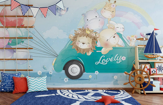 Papier peint mural charmant: voitures et animaux - Le meilleur Papier peint panoramique Sur mesure