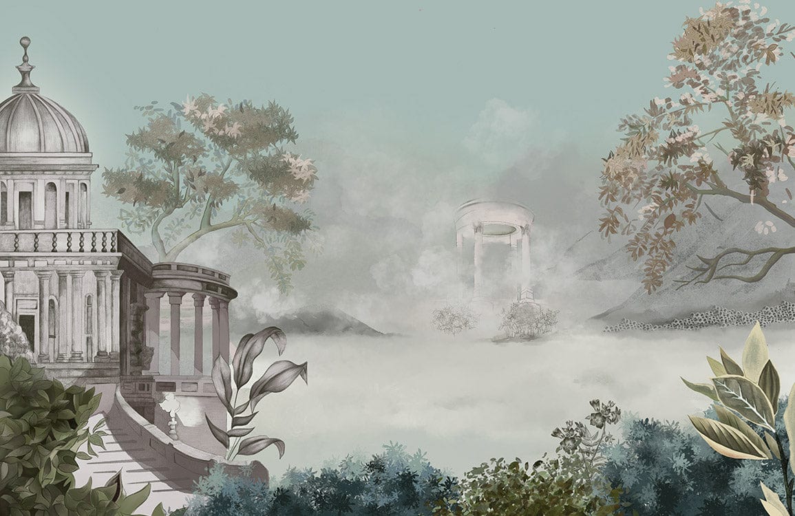 Papier peint mural Château Brumeux II avec paysage architectural et montagnes brumeuses