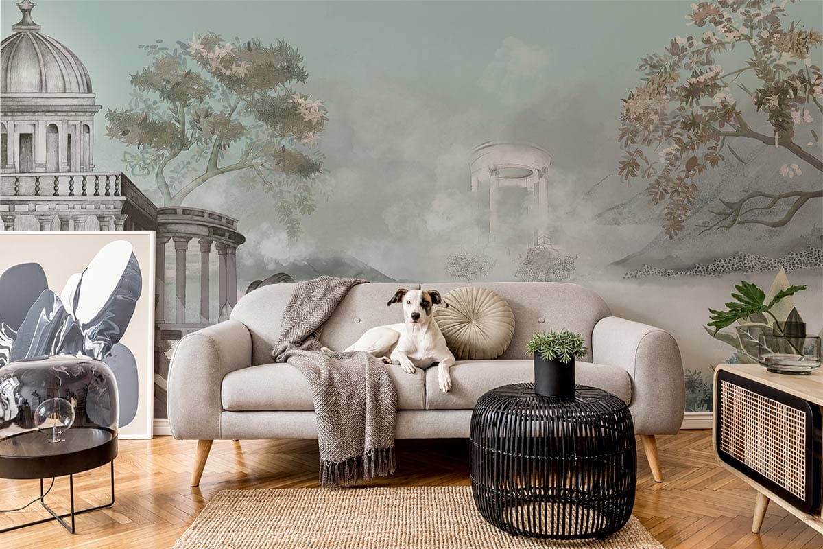 Canapé gris clair style moderne avec coussins, idéal pour papier peint mural château