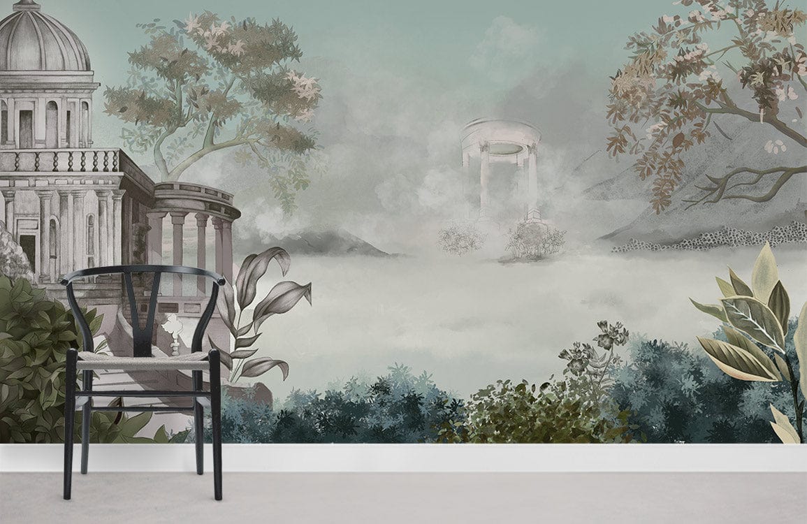 Papier peint mural Château Brumeux II avec design paysage néoclassique murale château brumeux