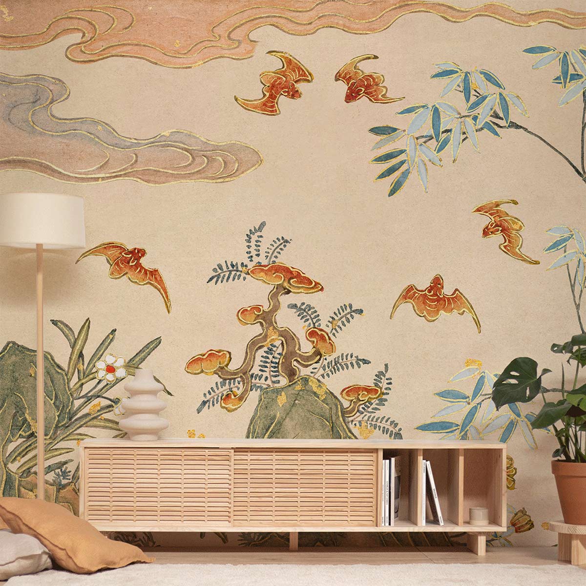 Meuble TV en bois clair avec portes coulissantes en lattes, idéal pour le papier peint mural Chauves-souris