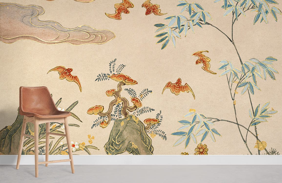 Chaise en bois marron avec dossier incurvé, idéal pour le papier peint mural Chauves-souris