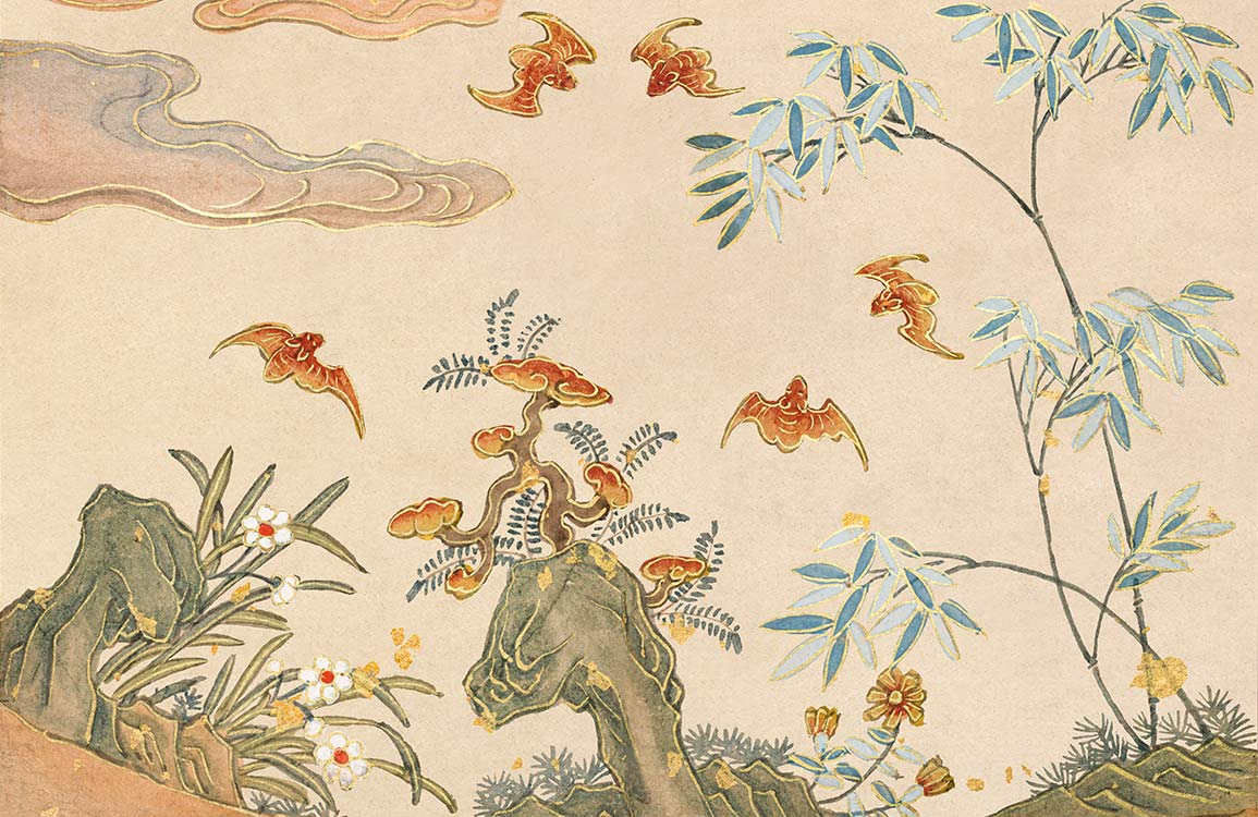 Peinture murale chinoise avec chauves-souris, bambous et fleurs, parfait pour peint mural chauves-souris