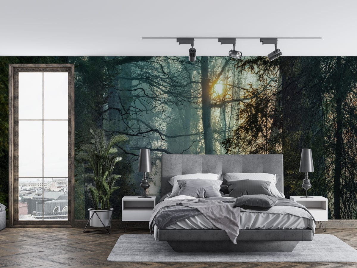 Papier peint mural forêt brumeuse pour chambre moderne dans le modèle Chemin de forêt