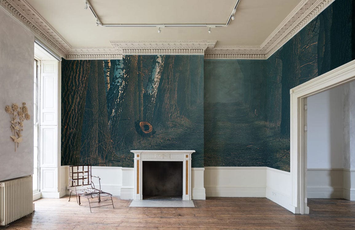 Papier peint mural forêt avec cheminée ornée et accents dorés pour décoration personnalisée