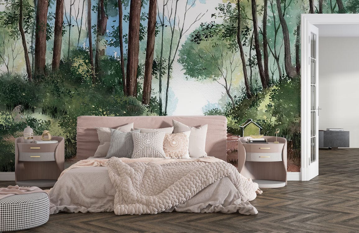 Image d’un lit avec tête de lit rose, linge crème, et couverture en maille, mural chemin forestier