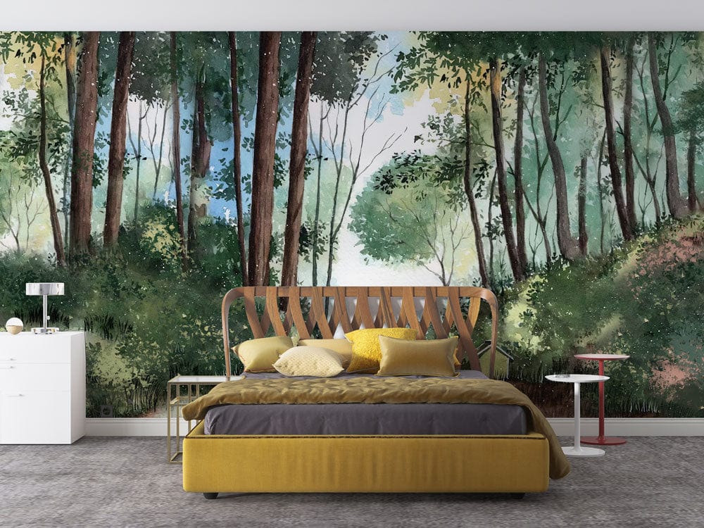 Image d’un lit moderne avec cadre en velours jaune et tête de lit en bois, mural chemin forestier