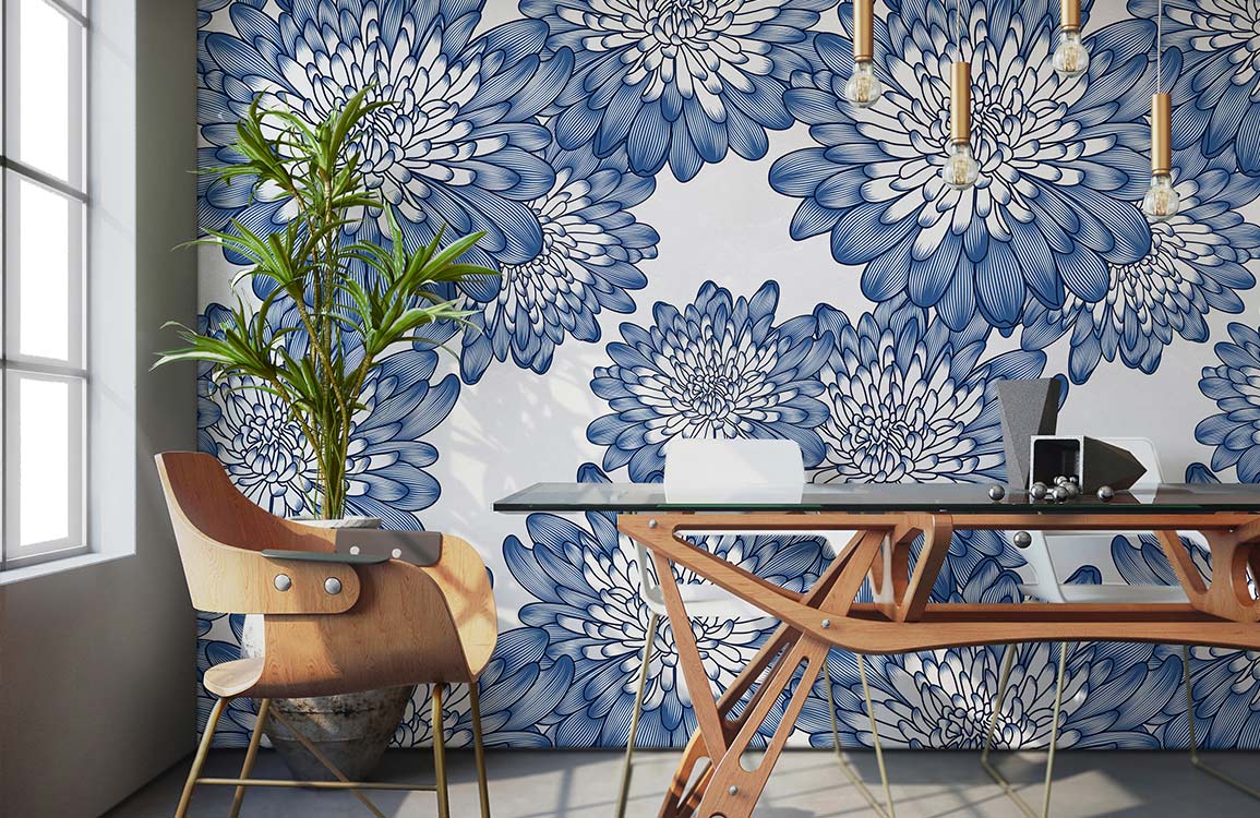 Papier peint mural Chrysanthème Bleu - Le meilleur Papier peint panoramique Sur mesure