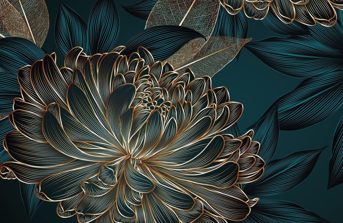 Papier peint mural chrysanthème foncé avec motif orné de chrysanthème et feuilles teal