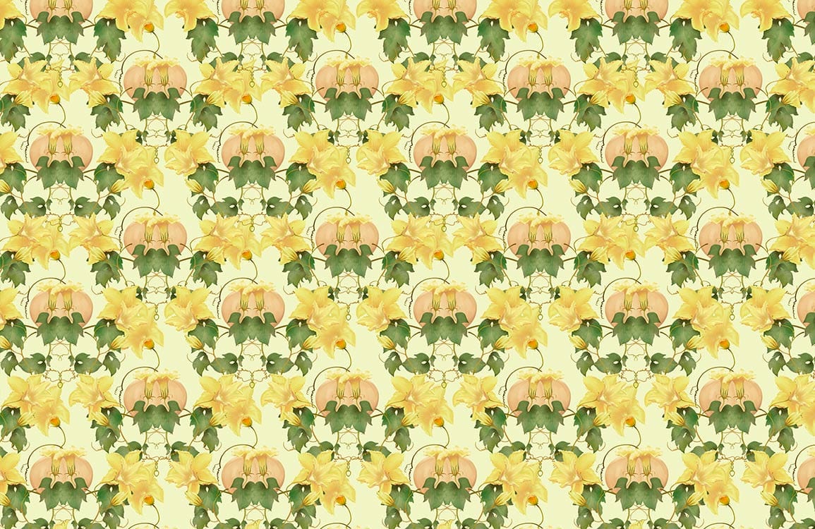 Motif répétitif de fleurs jaunes et pêche avec feuilles vertes sur papier peint mural Citrouille