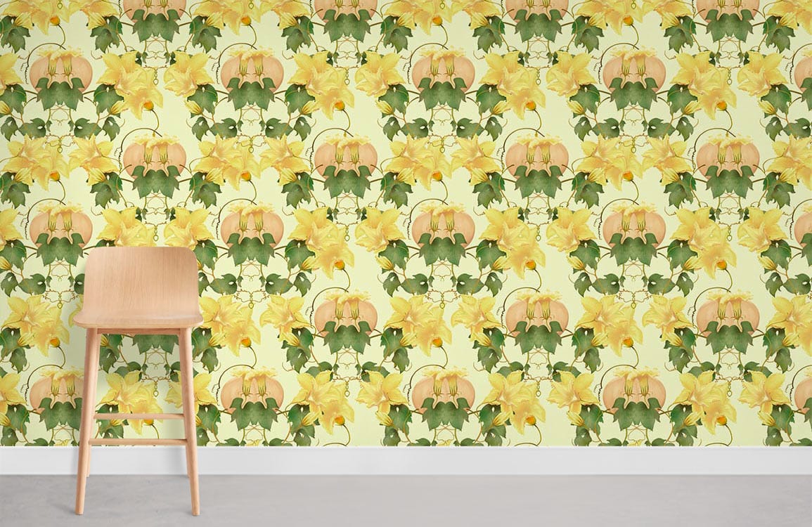 Tabouret de bar en bois clair avec le papier peint mural Citrouille & Fleurs II