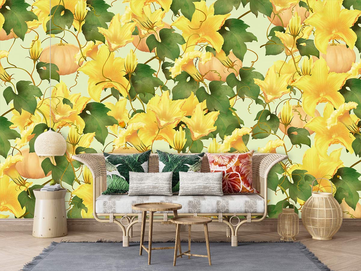 Papier peint mural Citrouille & Fleurs - Le meilleur Papier peint panoramique Sur mesure