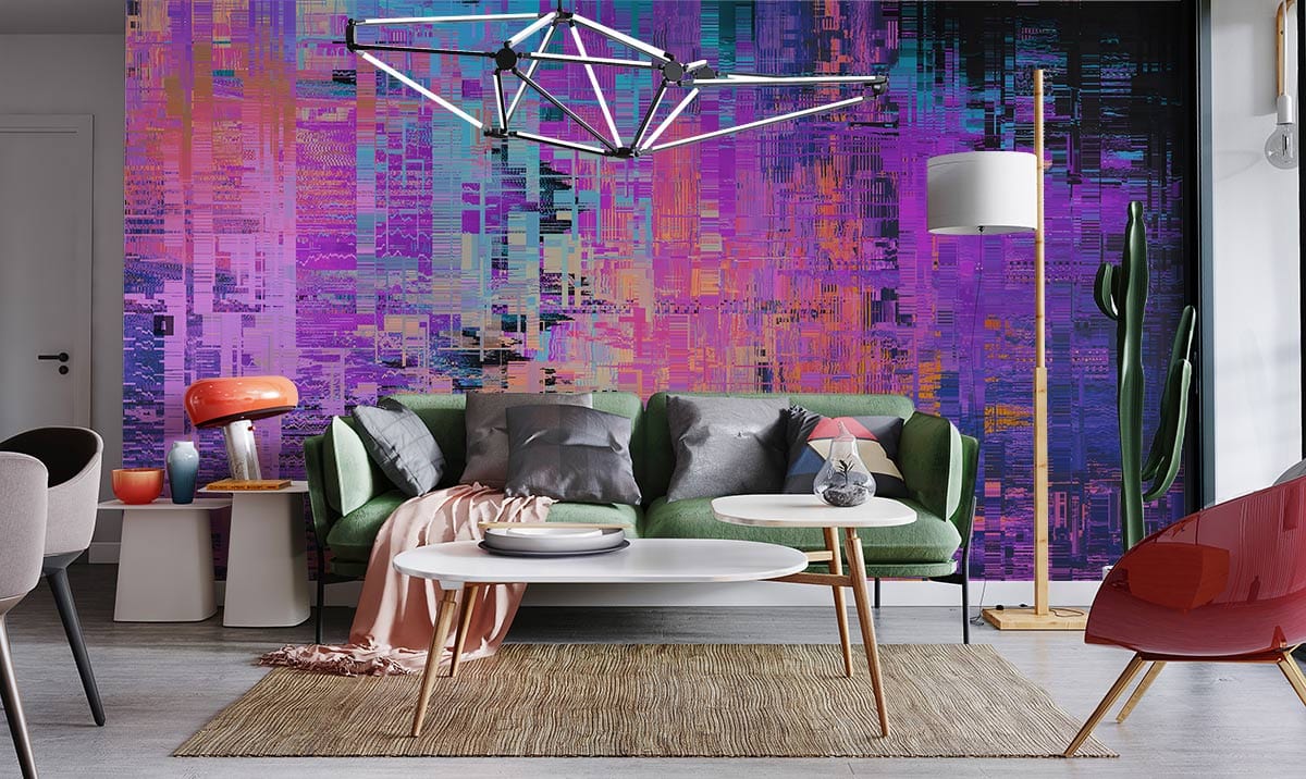 Peint mural codes Mystérieux dans un salon moderne avec une fresque mural abstraite vibrante