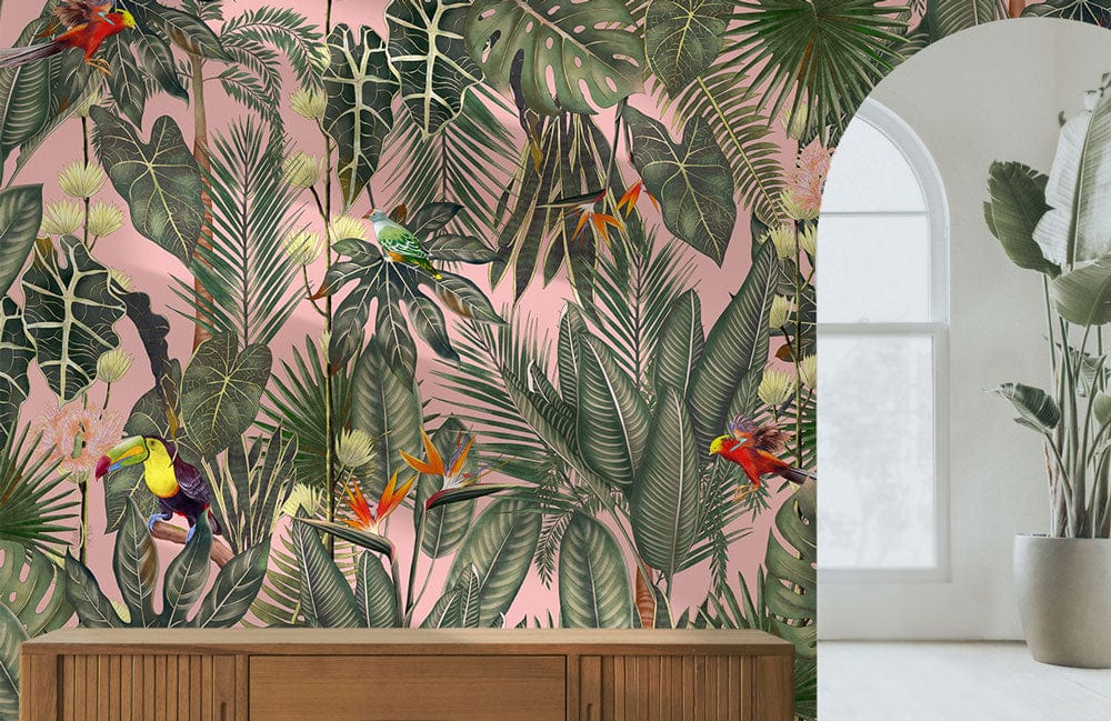Papier peint mural Coin Rose avec jungle tropicale rose, oiseaux exotiques et plantes