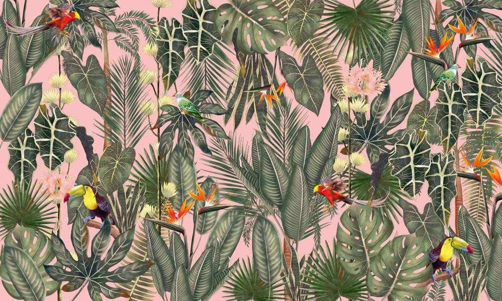 Foliage tropical avec oiseaux colorés sur fond rose pour peinture murale Coin Rose