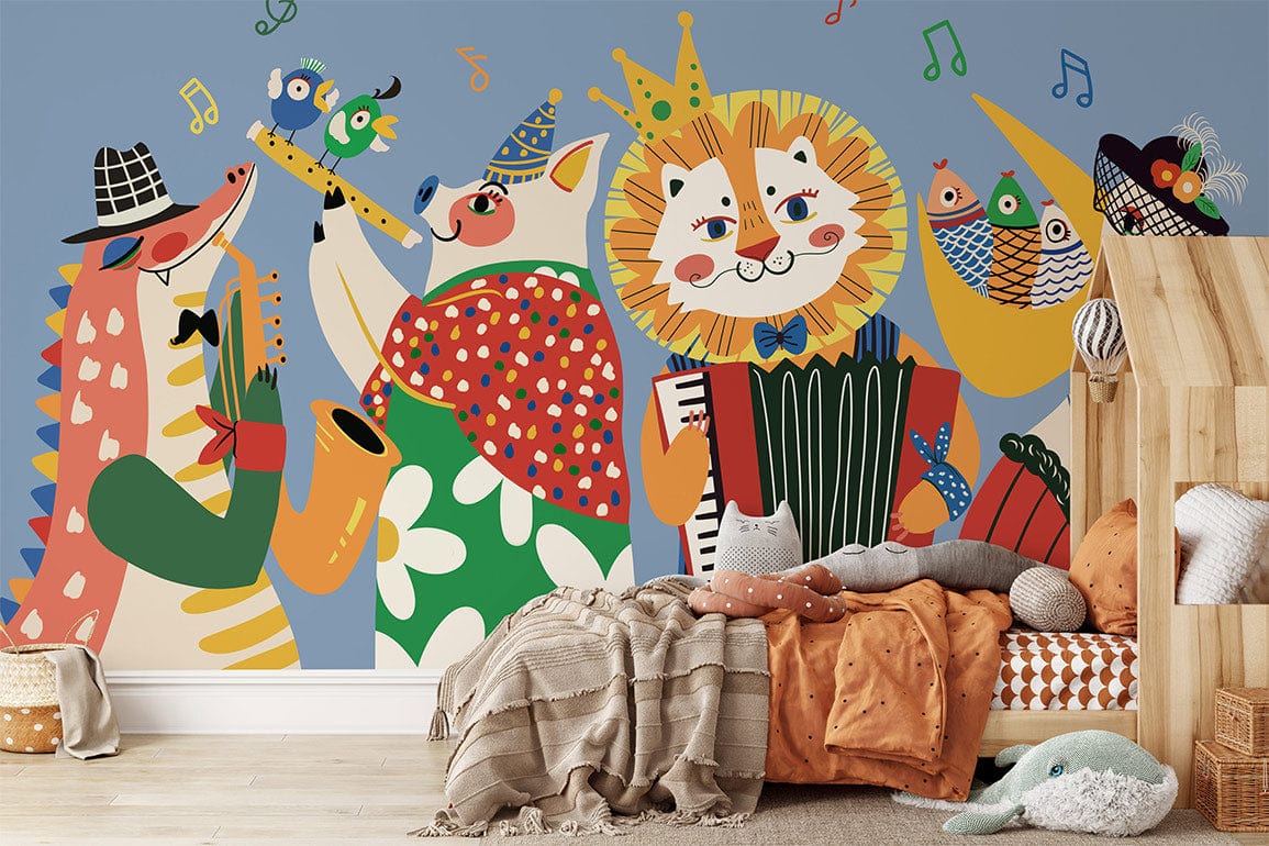 Peint mural concert avec animaux musiciens pour chambre d’enfant, papier peint mural vibrant