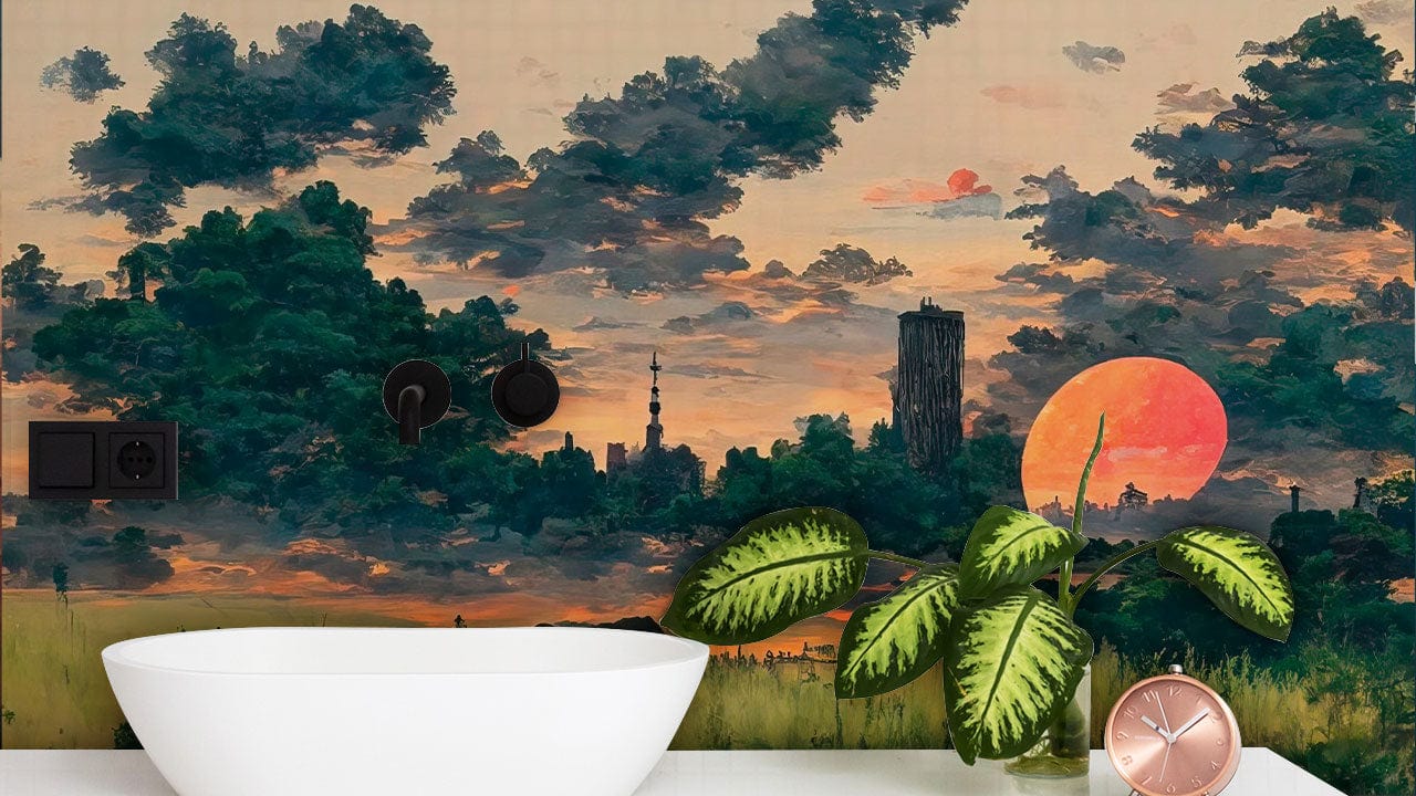 Lavabo ovale blanc sur un papier peint mural Coucher de Soleil au Village