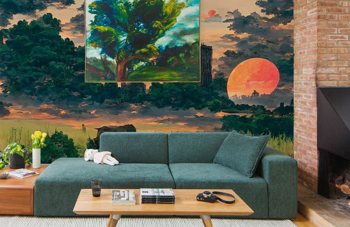 Sectionnel teal avec chaise longue, idéal pour mural coucher Papier Peint Mural Coucher de Soleil au Village