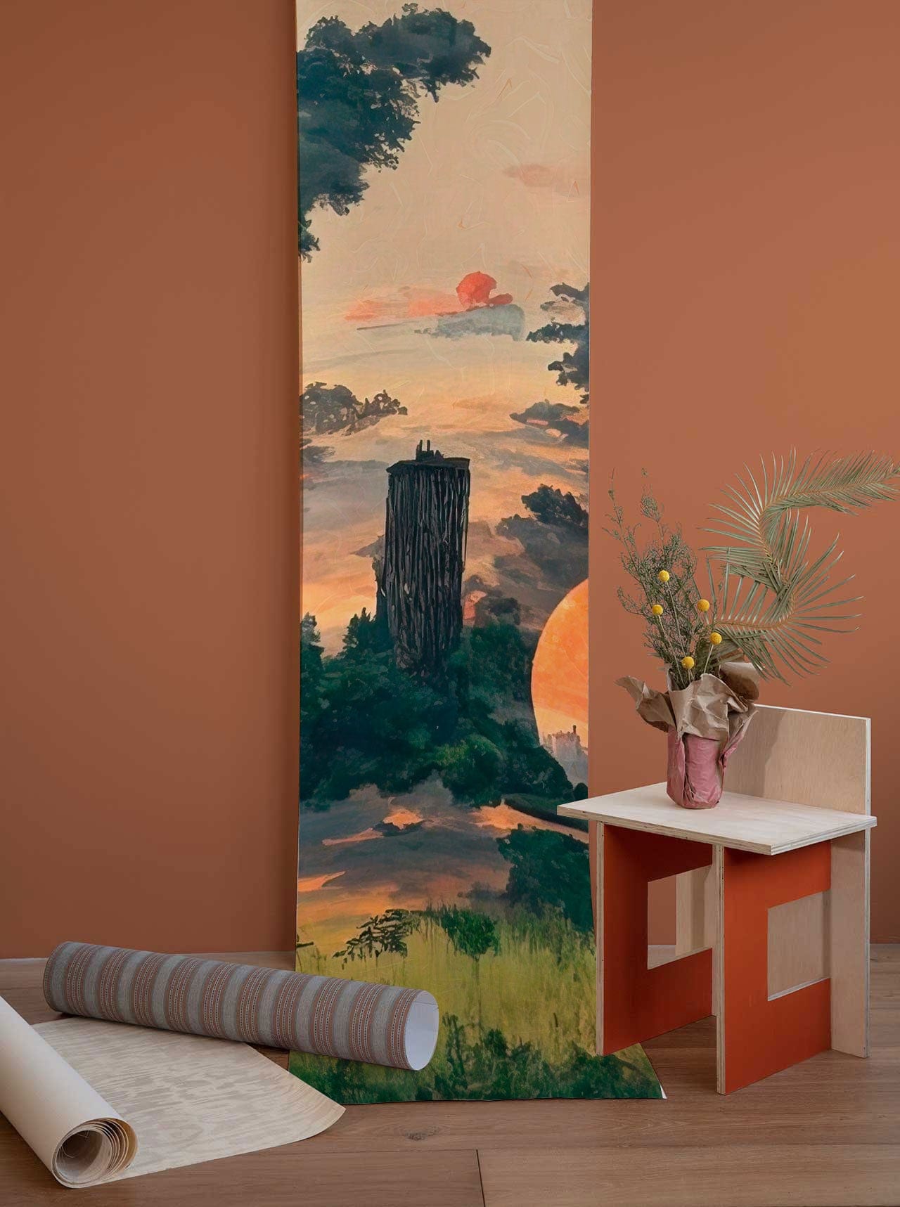 Tapisserie verticale avec un paysage vibrant pour mural coucher dans Papier Peint Mural Coucher de Soleil au Village