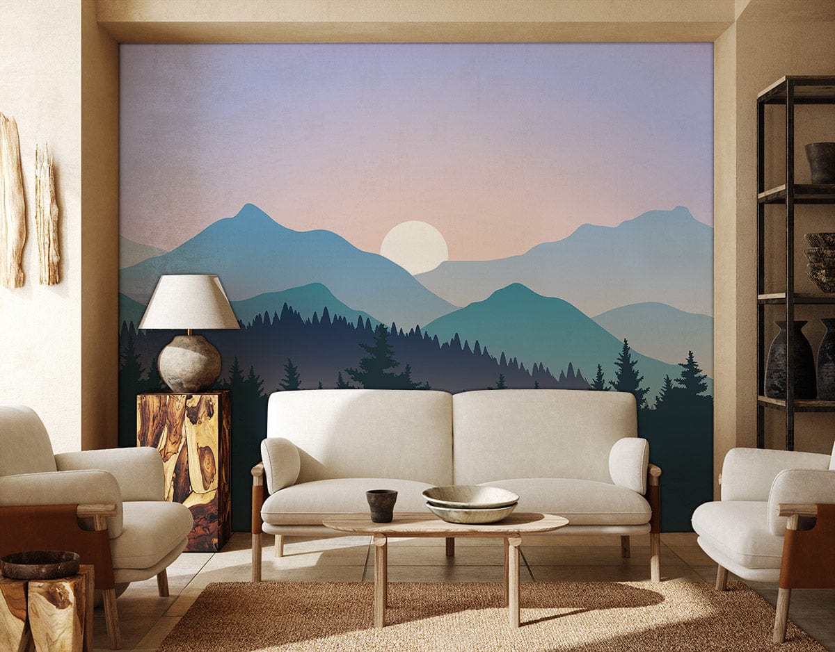 Papier peint mural coucher de soleil ombré avec scène de montagne dans un salon moderne
