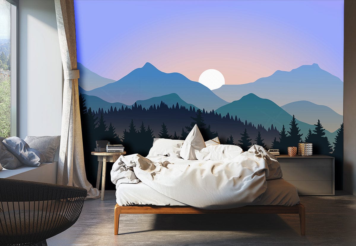 Papier peint mural coucher de soleil ombré avec lit blanc devant forêt et montagne