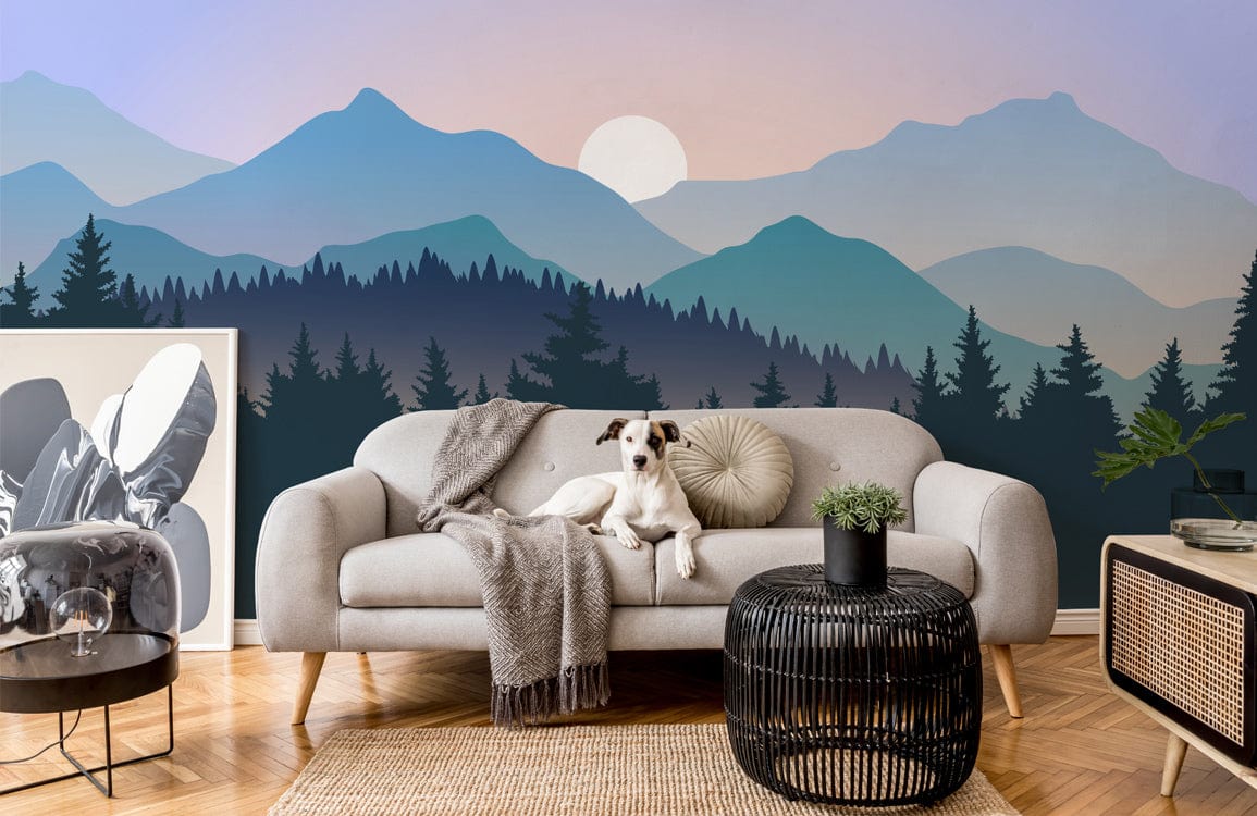 Papier peint mural coucher de soleil ombré avec paysage montagne et chien sur le sofa