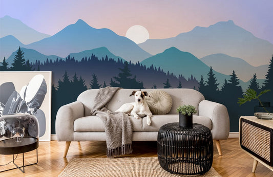 Papier peint mural coucher de soleil ombré avec paysage montagne et chien sur le sofa