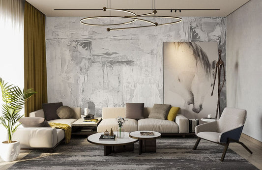 Papier peint mural couleur gris cendré dans un salon moderne avec mobilier neutre