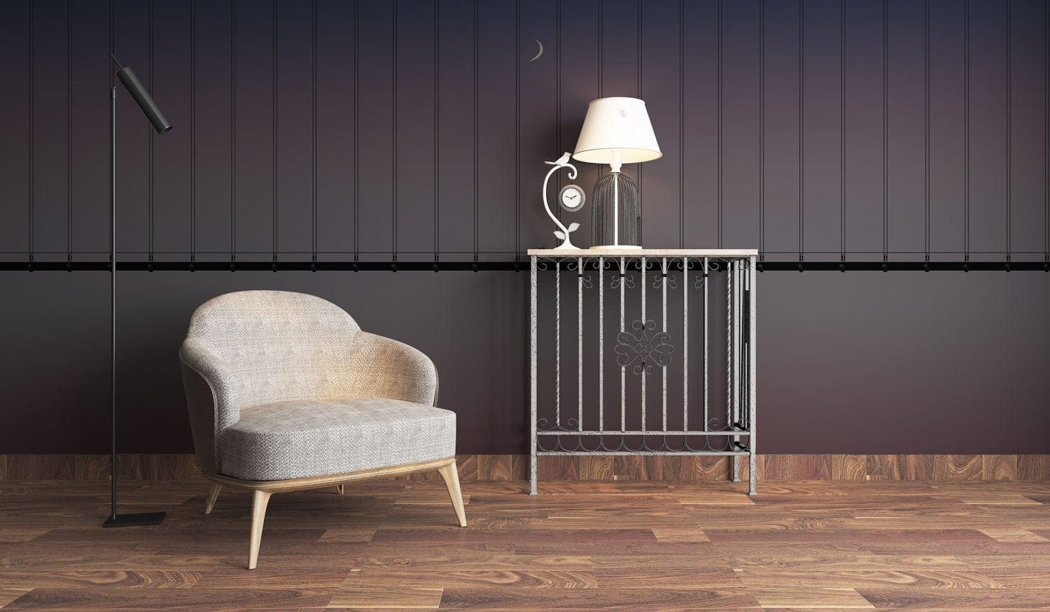 Fauteuil gris clair en bois pour décoration avec peinture murale Courir sous la Lune