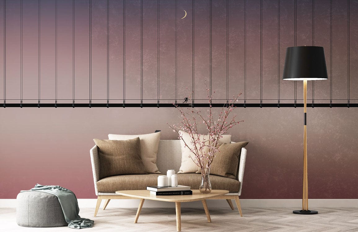 Peinture murale Courir sous la Lune dans un salon moderne avec canapé neutre et lampe sur pied