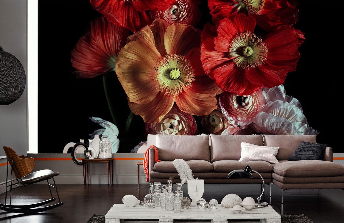 Photo d’un salon moderne avec un mural crème floral, idéal pour le papier peint mural Crème de Pavot