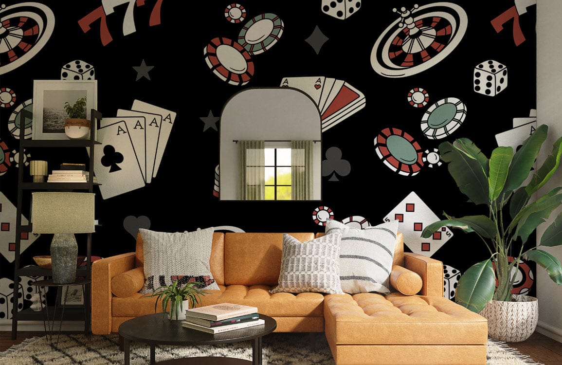 Papier peint mural avec canapé d’angle en cuir caramel pour salon élégant