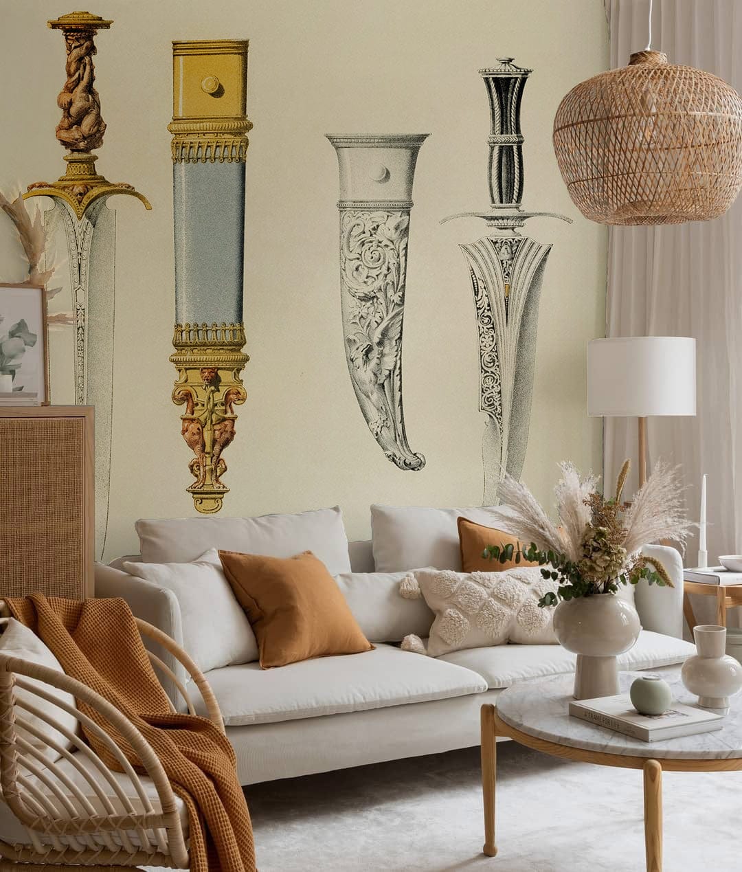 Photo d’un salon avec un canapé clair, décorations, pour le papier peint mural Dagues et Fourreaux