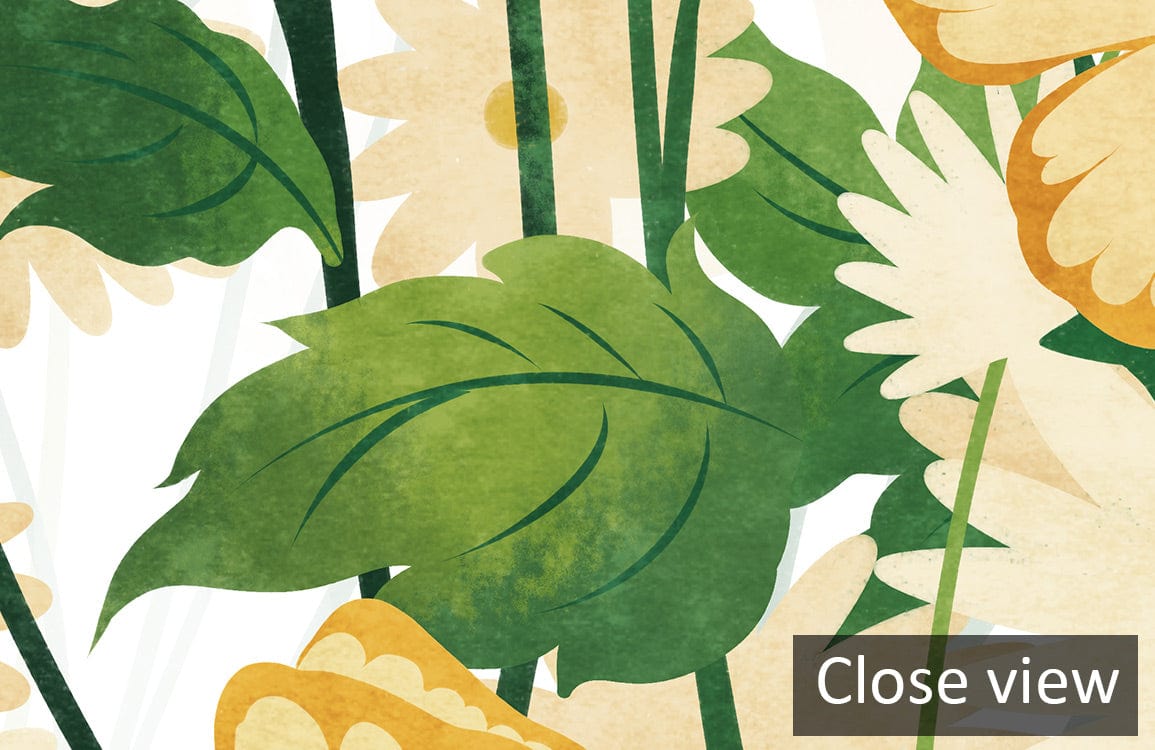 Illustration botanique vibrante avec feuilles vertes et fleurs claires pour papier peint mural Daisy & Butterfly