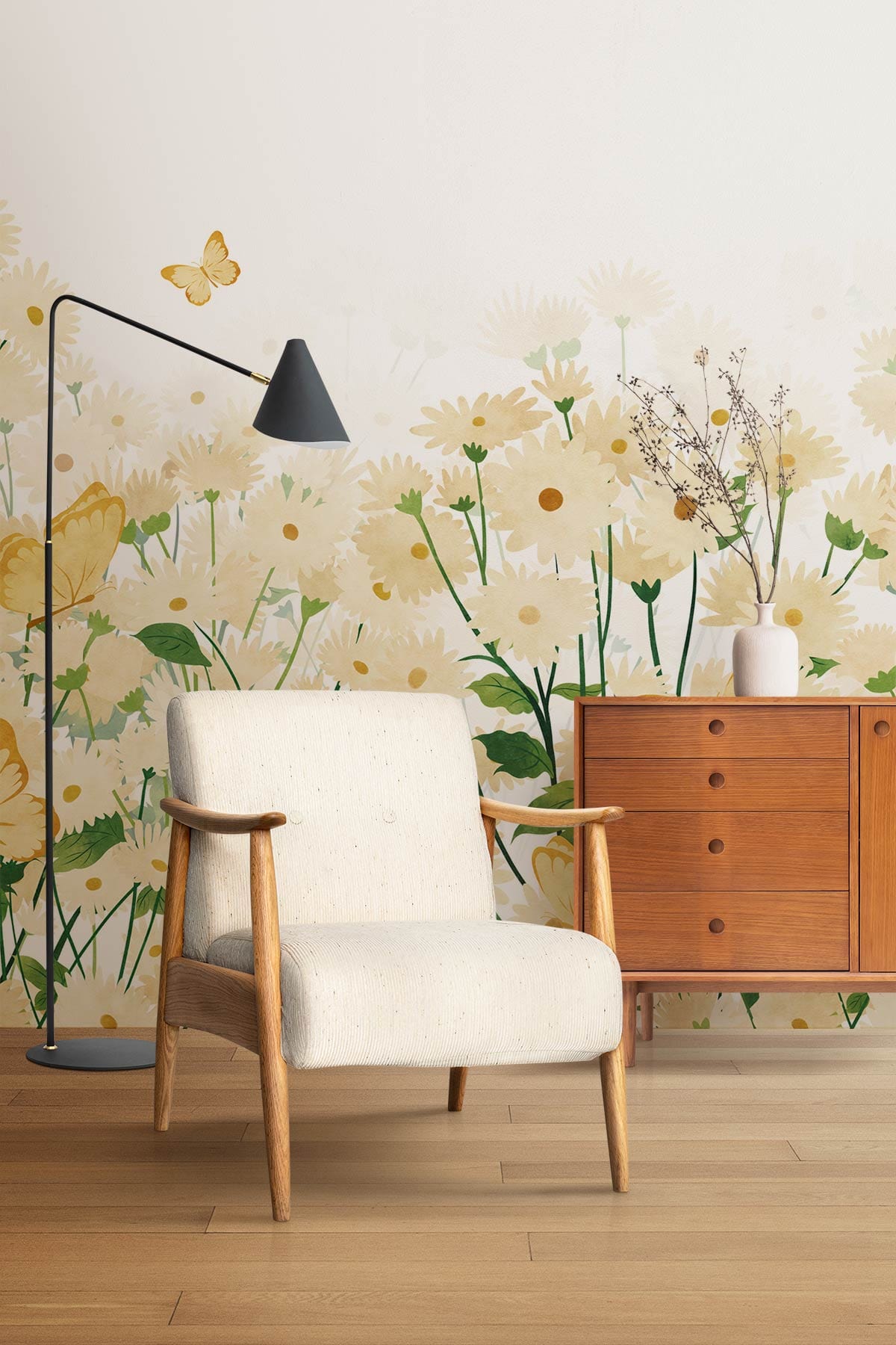 Chaise avec cadre en bois clair, idéal pour le papier peint mural Daisy & Butterfly